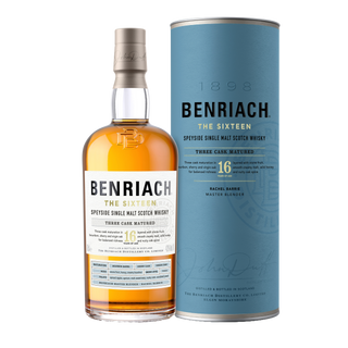 A bottle of Benriach The Sixteen Single Malt Scotch Whisky stands beside its matching cylindrical box, labeled as a 16-year-old whisky matured in three casks, featuring notes of baked apples and honeyed malt.