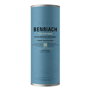 A blue cylindrical container of Benriach The Sixteen Single Malt Scotch Whisky features black and gold text detailing its honeyed malt character, triple cask maturation, 16-year age, and distillery information at the base.