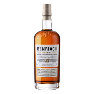 A bottle of Benriach The Twenty Five Single Malt Scotch Whisky, aged 25 years, with a tan label and gold accents, is displayed on a white background, featuring notes of smoked apricots and subtle toasted oak.