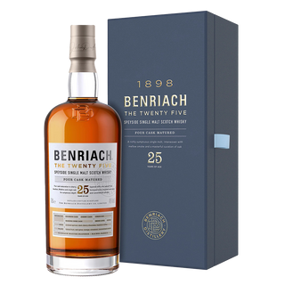 A bottle of Benriach The Twenty Five Single Malt Scotch Whisky stands next to its dark blue box, both adorned with silver and gold accents, showcasing 25 years of rich caramelised smoke and toasted oak from the 1898 Benriach Distillery.