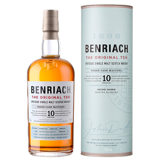 A bottle and cylindrical box of Benriach The Original Ten Single Malt Scotch Whisky, aged 10 years, featuring light blue and white labels with gold accents. The amber whisky offers notes of orchard fruits and subtle toasted oak.