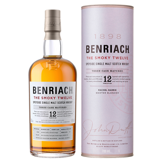 A bottle of Benriach The Smoky Twelve Single Malt Scotch Whisky stands next to its cylindrical packaging, both displaying white labels with gold and red accents that suggest notes of smoked oak and dark chocolate.