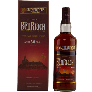 BenRiach 30-year-old whisky bottle and box on a white background