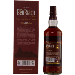 BenRiach 30-year-old single malt Scotch whisky bottle and box on a white background
