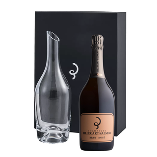 The Billecart-Salmon Le Rosé NV + 2 Glasses Gift Set features a bottle of rosé champagne and two glasses, displayed in front of a stylish black gift box with a white logo.