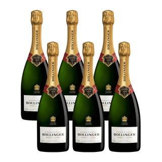 Six bottles of Bollinger Special Cuvée Brut NV 750ml, featuring gold foil tops and black labels with red accents, are arranged in two rows against a white background.