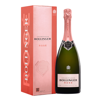 A bottle of Bollinger Rosé NV with a pink foil top stands beside its matching pink and orange box, both showcasing elegant branding and labels—suggesting vibrant notes of red berries and strawberry inside.