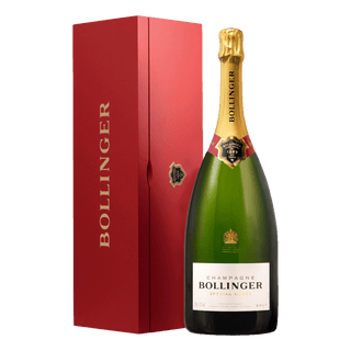 A 3L bottle of Bollinger Special Cuvée Brut NV in a red box, featuring a creamy palate and refined spice notes.