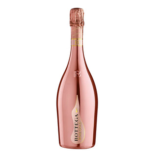 A metallic rose gold bottle of Bottega Rose Gold Pinot Nero Spumante Brut Rosé, with matching foil wrap and gold label details, renowned for its creamy mousse and vibrant red berry notes, displayed on a white background.