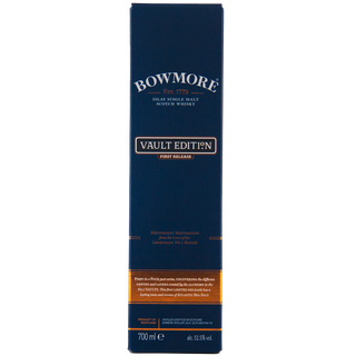 A tall, rectangular navy blue box labeled Bowmore Vault Edition Atlantic Sea Salt (First Release), an Islay Single Malt Scotch Whisky. White and gold accents evoke salted honeycomb flavors and sea breeze in its 700ml, 51.5% ABV bottle.
