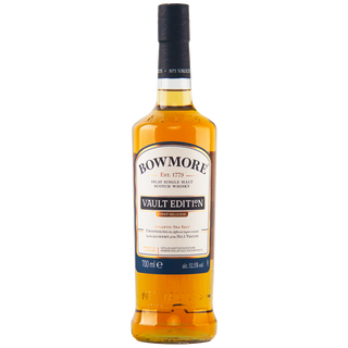 A 700ml bottle of Bowmore Vault Edition Atlantic Sea Salt (First Release) single malt Scotch whisky, golden amber with a white label and black cap, offers sea breeze notes at 51.5% ABV.