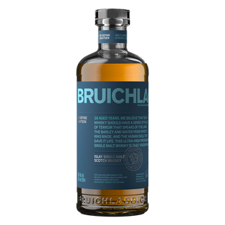 A bottle of Bruichladdich 18 Year Old Single Malt Scotch Whisky with a blue label and white branding. The amber spirit offers notes of honeyed malt and tropical fruits, sealed with a black cap.