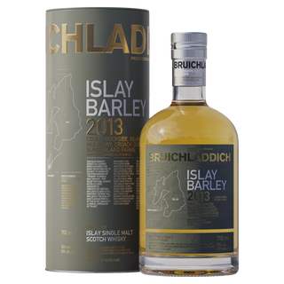 A bottle and cylindrical box of Bruichladdich Islay Barley Single Malt Scotch Whisky, with gold and white text on a matte gray background featuring farm names, an Islay map outline, and hints of citrus and sea salt.