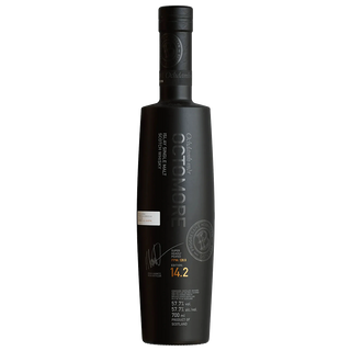 Octomore Edition 14.2 Single Malt Scotch Whisky comes in a matte black bottle with silver and gold text, embossed round front seal, black cap, and features notes of toasted oak and smoked malt.