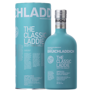 A turquoise bottle and matching box of Bruichladdich The Classic Laddie Single Malt Scotch Whisky, an unpeated Islay malt with bold white text, offering flavors of green apples and creamy vanilla.