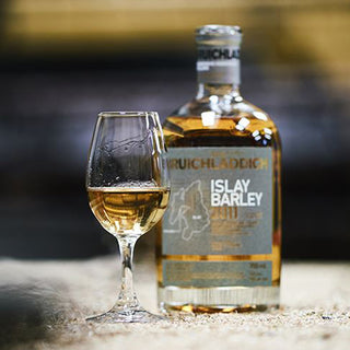 A glass of whisky sits next to a bottle of Bruichladdich Islay Barley Single Malt Scotch Whisky on a textured surface, inviting you to experience its subtle sea salt notes against a softly blurred background.