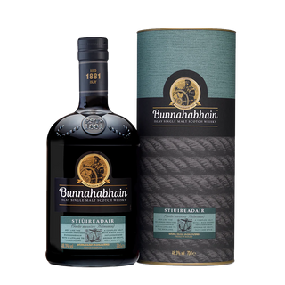Bottle and box of Bunnahabhain Islay Single Malt Scotch Whisky on a white background