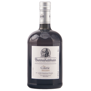 A bottle of Bunnahabhain The Coterie Exclusive 2005 Ammunted Finish single malt Scotch whisky on a plain white background.