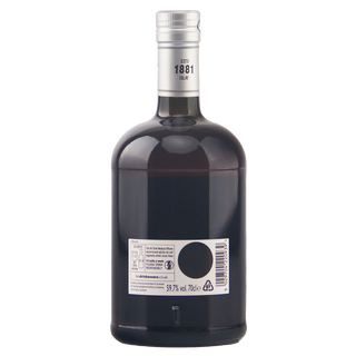 A dark glass bottle of Bruges 1881 brand liqueur, shown from the back against a plain white background.