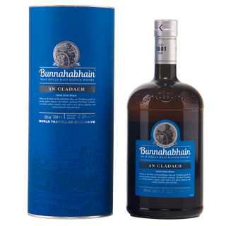 A bottle of Bunnahabhain An Cladach 1881 Limited Edition Single Malt Scotch Whisky shown next to its tall blue cylindrical packaging box on a white background.