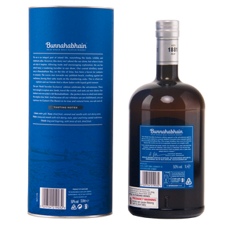 Bunnahabhain Scotch whisky bottle shown next to its tall blue cardboard box on a plain white background, displaying both the front label and the back packaging.