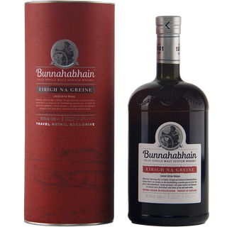 A bottle of Bunnahabhain Eirich Na Greine single malt Scotch whisky stands next to its tall cylindrical red packaging box on a plain white background.
