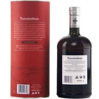 A bottle of Bunnahabhain Scotch whisky next to its tall red cardboard packaging box, shown against a plain white background.