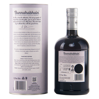 Bunnahabhain Scotch whisky bottle shown next to its tall cylindrical cardboard packaging box, displaying the back of both the bottle and the box with product details, branding, and barcodes on a white background.