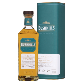 Bushmills 10-year-old single malt Irish whiskey bottle and packaging on a white background