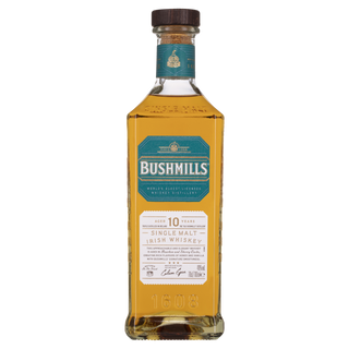 Bottle of Bushmills 10-year-old Irish whiskey on a white background
