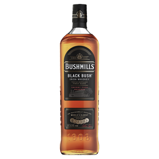 A bottle of Bushmills Black Bush Irish Whiskey features a black label with gold accents, “1608” embossed near the base, and highlights its sherry cask reserve, dried fruit notes, and claim as the world’s oldest distillery.