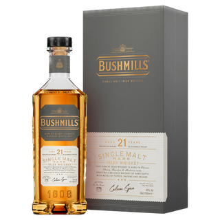 Bushmills 21-year-old single malt Irish whiskey bottle and packaging on a white background