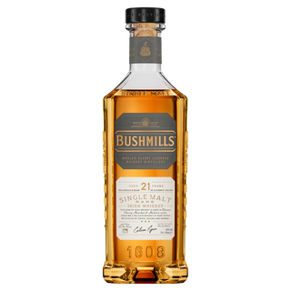 Bottle of Bushmills 21-year-old single malt Irish whiskey on a white background