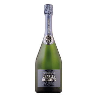 A bottle of Charles Heidsieck Brut Réserve NV Champagne in dark green glass, with silver neck foil and a gray label showing the brand in white—renowned for fine bubbles and vibrant citrus zest notes.