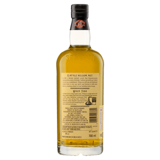 A clear 700 ml glass bottle of Craigellachie 13 Year Old Single Malt Whisky with a black cap is shown from the back. The label shows product info and a barcode. Inside, the golden whisky offers notes of orchard fruits and vanilla.