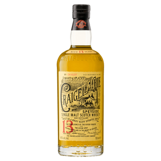 A bottle of Craigellachie 13 Year Old Single Malt Whisky with a yellow label, black and red text, and scenic artwork, known for orchard fruit and vanilla notes, displayed against a plain white background.