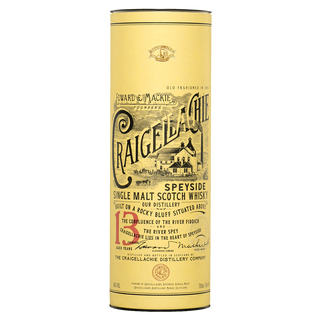 A cylindrical yellow tin of Craigellachie 13 Year Old Single Malt Whisky features vintage black text and a distillery illustration, highlighting its founders, unique river setting, and notes of orchard fruits and vanilla.
