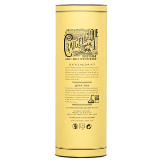 A tall, yellow cylindrical container labeled Craigellachie 13 Year Old Single Malt Whisky features black text and illustrations, with notes of vanilla and orchard fruits highlighted beneath the main title.