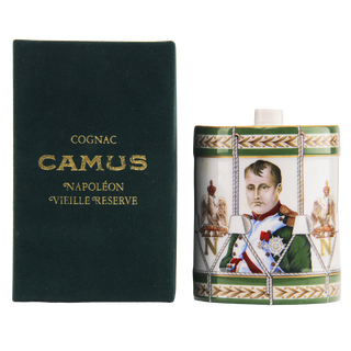 Camus Napoléon Vieille Rèserve cognac bottle with green box on a white background