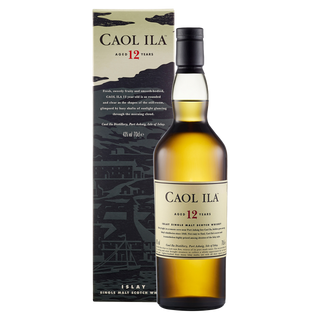 A bottle of Caol Ila 12 Year Old Single Malt Scotch Whisky stands before its matching box, both in beige and black with landscape art, red "12 Years" text, and notes of citrus zest and gentle peat smoke.