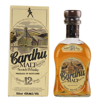 Cardhu 12-year-old single malt Scotch whisky bottle and box on a white background