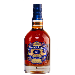 A bottle of Chivas Regal 18 Year Old Blended Scotch Whisky with a blue and gold "Gold Signature" label, known for rich dark chocolate notes, displayed on a plain white background.