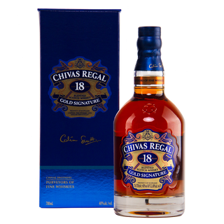 A bottle of Chivas Regal 18 Year Old Blended Scotch Whisky is displayed before its blue box, both adorned with gold and blue labels; renowned for rich notes of dark chocolate and spiced oak.