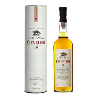 A bottle of Clynelish 14 Year Old Single Malt Whisky stands by its tall cylindrical box, both with cream labels featuring a wildcat logo and red and black text. The golden amber whisky offers sweet malt and subtle sea salt notes.