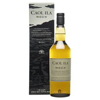 A bottle of Caol Ila Moch Single Malt Scotch Whisky stands before its matching box, featuring a dark landscape design and gold text. The light amber whisky has notes of vanilla and subtle peat smoke.