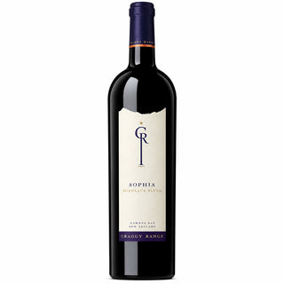 A bottle of Craygy Range Sophia Red Wine against a plain white background. The bottle is dark glass with a white label featuring a black stylized 'CR' logo and purple accents on the neck and bottom.