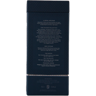 Back of The Dalmore 18 Year Old 2005 Vintage Single Malt Whisky box features heritage, vintage details, tasting notes of roasted coffee and spiced fruitcake, plus finishing notes in white text on a dark background.