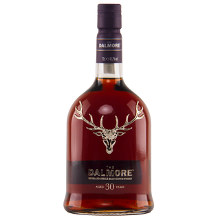 A bottle of The Dalmore 30 Year Old Single Malt Scotch Whisky, featuring dark amber liquid with flavors of Black Forest gateau and Morello cherries, and displaying a silver stag logo on the front label.