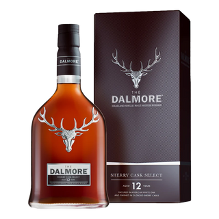 A bottle of The Dalmore 12 Year Old Sherry Cask Select Single Malt Scotch Whisky sits beside its matching black box, both adorned with a silver stag logo and white text, highlighting notes of caramelised oranges in this elegant display.