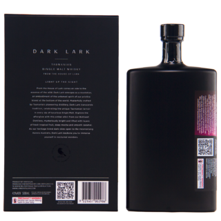 A black rectangular bottle and its box labeled Dark Lark 2024 Single Malt Whisky. The minimal design suggests blackcurrant crumble notes, while the light box features product details and QR codes.